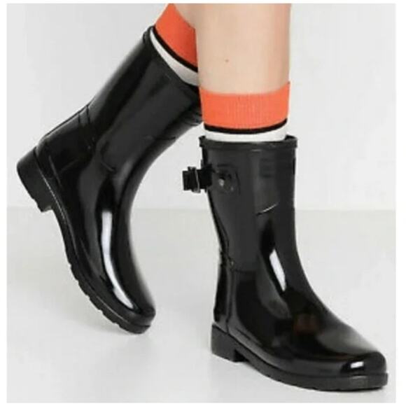 Hunter Rain Boots Women 7 Original Refined Short Gloss Black Mid Calf Adjustable - Picture 1 of 11